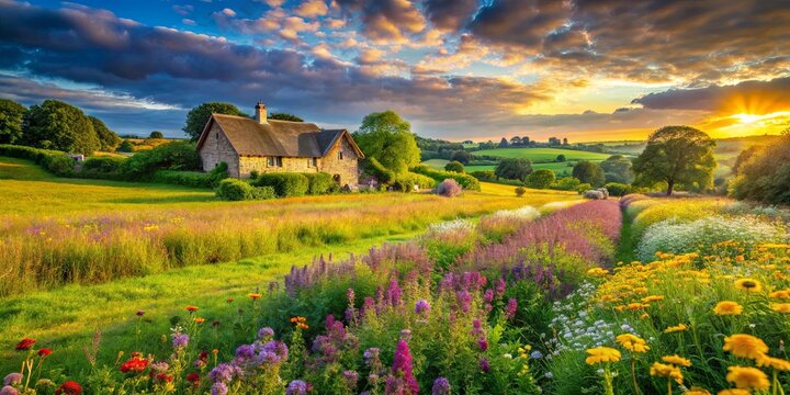 A rustic cottage nestled amidst a vibrant tapestry of wildflowers, bathed in the warm glow of a golden sunset, with rolling hills in the background.