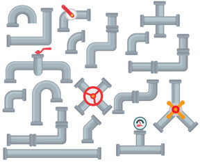 Flat industrial pipes collection with plumbing pipeline parts of different shapes. Isolated vector illustration
