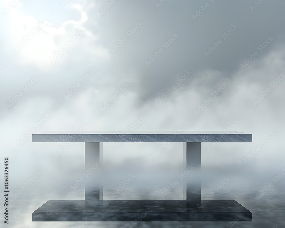 Poster sleek floating glass table in misty ethereal backdrop for tech product presentation
