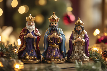 Three Kings figurines stand in a traditional nativity scene with festive lights and decorations. The display captures the warmth and spirit of Christmas.