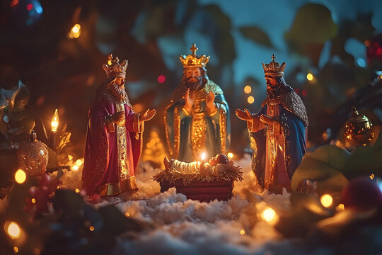 Three Kings figurines stand in a traditional nativity scene with festive lights and decorations. The display captures the warmth and spirit of Christmas.