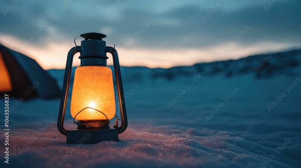 Poster camper lighting a lantern inside a snow dusted tent creating a warm glow against the cold night with