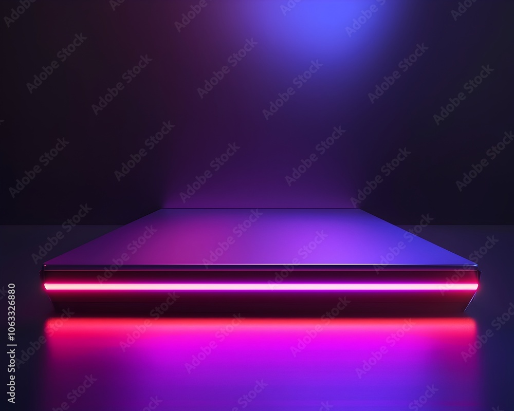 Poster futuristic angular platform with glowing neon lights on dark gradient background for tech gadgets sh