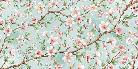 Fototapeta premium A delicate watercolor illustration of a floral motif depicting blossoming branches, adorned with delicate pink flowers and verdant leaves, set against a soft, airy blue background.