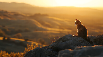 Adventurous Chausie Cat Perched on a Rocky Outcrop, Gazing at a Golden Sunset Over Vast Landscape
