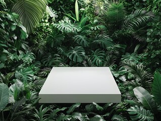 Lush Green Tropical Backdrop with Empty White Platform for Eco Friendly Product Presentation