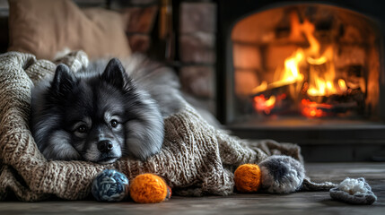 An Elderly Keeshond Nestled in Comfort by a Warm, Inviting Fireplace