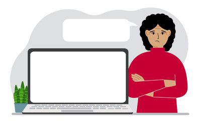 A woman near a laptop stands with his arms crossed. There is a white cloud for writing text from his mouth. Vector flat illustration