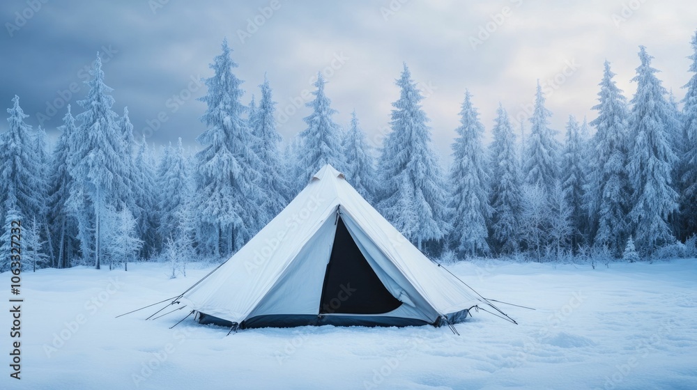 Poster breathtaking view of a frost covered tent nestled in a snowy winter campsite surrounded by towering 
