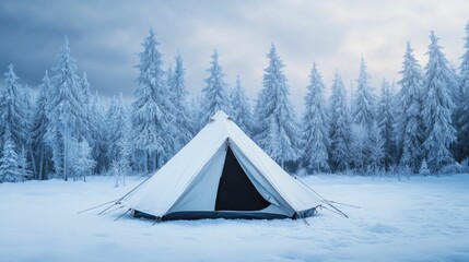 Breathtaking view of a frost covered tent nestled in a snowy winter campsite surrounded by towering trees with icicles hanging from their branches creating a serene and enchanting atmosphere