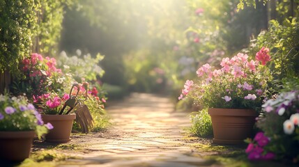 Sunlit Garden Path with Blooming Flowers and Pots