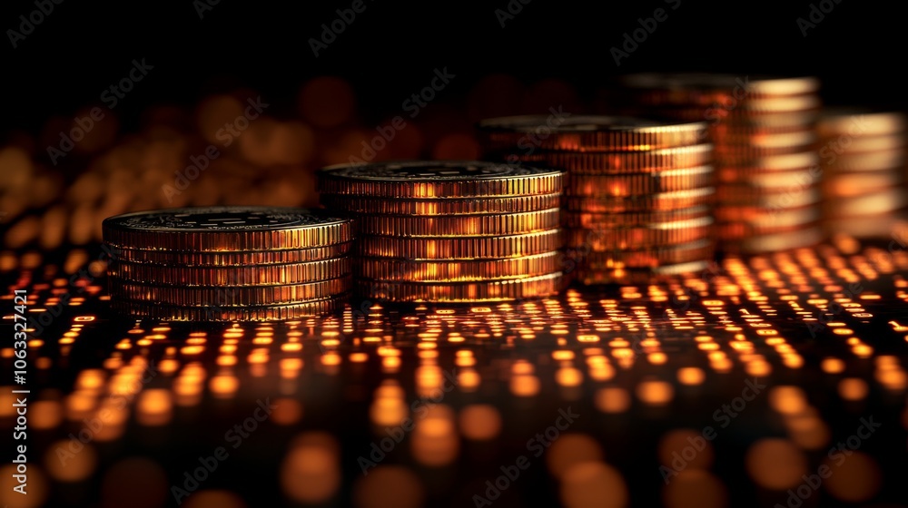 Poster Several stacks of coins are positioned elegantly on a surface illuminated by soft, warm lights, creating a striking contrast at night.