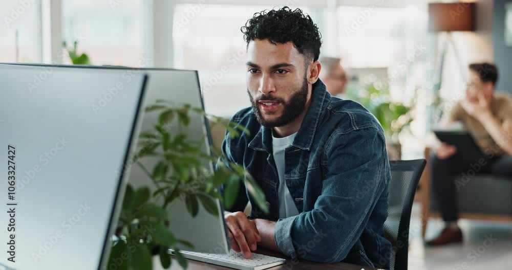 Poster Computer, smile and typing with business man in office for administration, report or research. Designer, pc and programming with happy employee in creative workplace for online web development