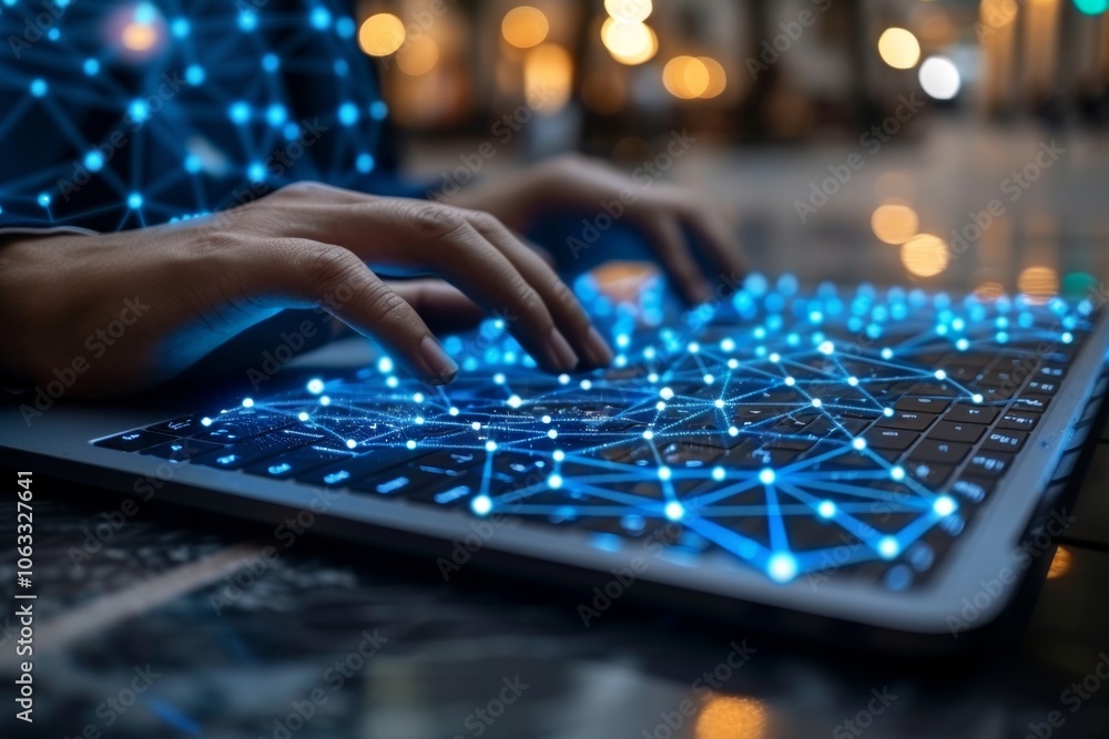 Poster a man engages in digital marketing and e-commerce activities using a laptop in a connected environme