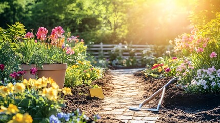 A Sunlit Garden Path with Flowerbeds and Gardening Tools