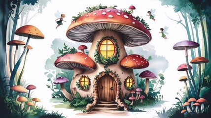 Fototapeta premium Watercolor illustration isolated on white background of a whimsical mushroom house with glowing windows surrounded by fairies flying in an enchanted forest.