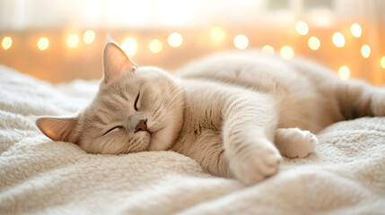 A Fluffy British Shorthair Cat Sleeping Peacefully on a Soft Blanket in a Cozy Nook with Warm Lighting