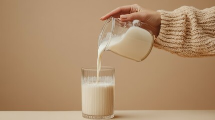 Senior woman pouring milk into glass on beige background