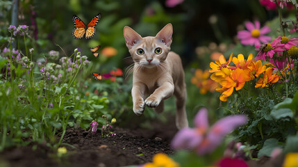 Energetic Young Chausie Cat Chasing Butterflies in a Colorful and Vibrant Garden