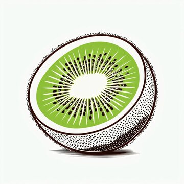 recommend clip art: simple stylized line art illustration of a sliced kiwi fruit on a white background, green inner flesh, textured skin, and a dotted effect