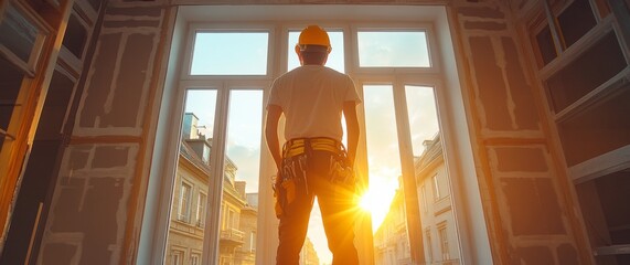 A construction worker stands in a partially renovated space, gazing out at a city skyline as the sun sets, casting warm light through the windows.