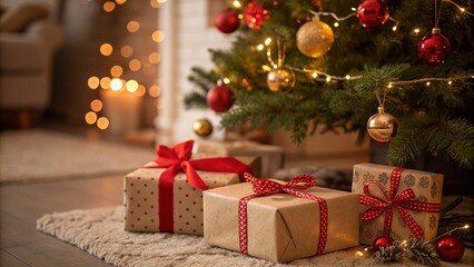 A beautifully decorated Christmas tree with red and gold ornaments stands over a cozy carpet, with wrapped gift boxes adorned with red ribbons placed beneath it. The warm, festive ambiance captures th