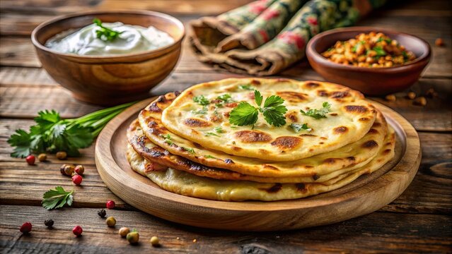A stack of golden brown flatbreads garnished with fresh herbs, resting on a wooden platter, surrounded by scattered peppercorns and a bowl of creamy yogurt.