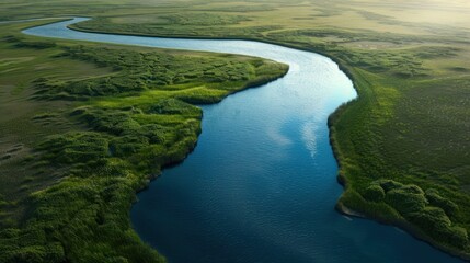 Fototapeta premium A winding river flows through lush green landscapes, reflecting the sky and surrounded by vibrant vegetation.