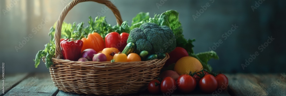 Leinwandbilder a wicker basket brimming with an assortment of fresh fruits and vegetables is artfully arranged on a