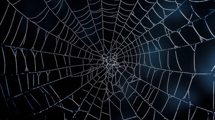Naklejka premium Intricate spiderweb adorned with dew drops, illuminated by moonlight, creating an eerie night scene filled with mystery.