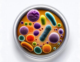 Cluster of bacteria cells with varied shapes and colors, viewed microscopically, on white background