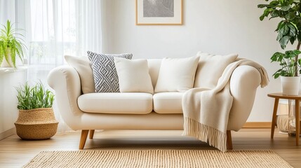 Bright and cozy living room with a soft white couch adorned with decorative pillows, surrounded by plants and natural light.