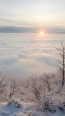 Winter landscape with sun and fog 