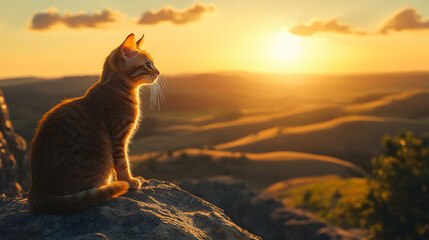Obraz premium Adventurous Chausie Cat Perched on a Rocky Outcrop, Gazing at a Golden Sunset Over Vast Landscape