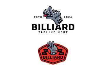 billiard glove, mitt holding black ball logo design. 8 ball billiard with tongue out is held mitten, gantlet badge logo design set. white cue ball illustration logo for billiard sport club, tournament