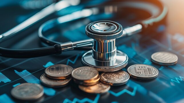 Stethoscope and coins on medical chart symbolize healthcare costs and billing.