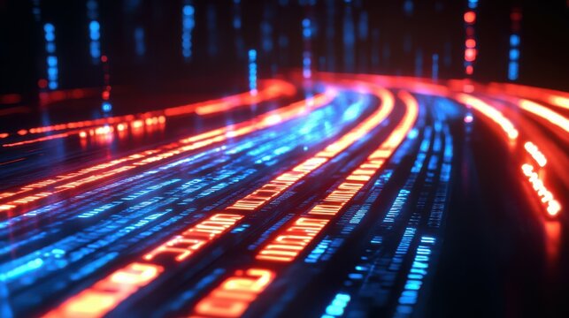 Sreaming data, binary data moving on a digital road - Digital Code road concept - 3d illustration\