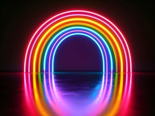 Captivating Neon Rainbow Arch Reflecting on a Sleek Black Surface  Ideal for Showcasing Products  Beauty  or Fashion Concepts