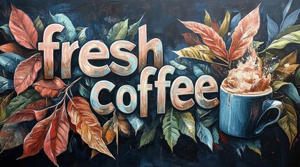 A art graffiti style picture with a cup of coffee and text "fresh coffee", with colorful leafes, hand painted in graffiti or oil style,Text by written lettering; on black texture background