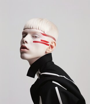 An avant-garde portrait of a blonde person with stark lighting and precise red lines across their face, embodying a futuristic and slightly edgy artistic impression.