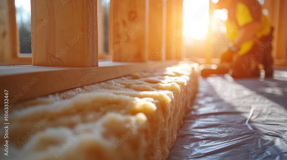 Aufkleber in the warm light of the afternoon, a construction worker carefully installs insulation in a wooden 