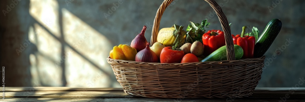 Poster Fresh vegetables and fruits fill a wicker basket, resting on a rustic wooden table illuminated by soft afternoon sunlight. Generative AI