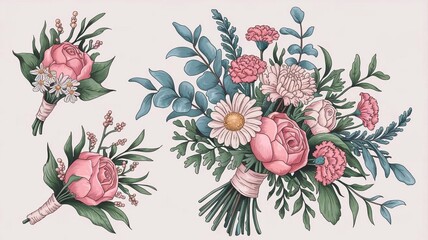 Detailed various flowers and foliage in boutonniere or bouquet, intricate details and delicate forms. Hand drawn vector decoration for wedding invitation, save the date card