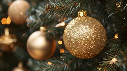 A Golden Christmas Ornament Hanging on a Christmas Tree Branch with Lights