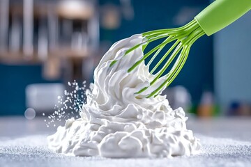 Hyper-realistic close-up of a whisk in frothy whipped cream, capturing every bubble and delicate texture of freshly whipped peaks
