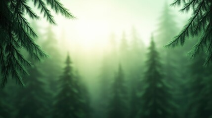 Obraz premium Misty forest with sunlight filtering through dense evergreen trees, AI
