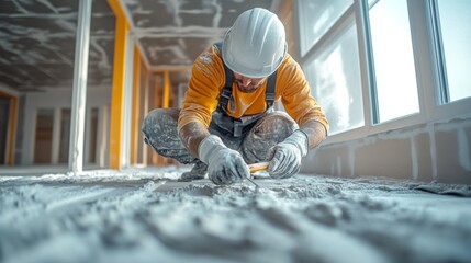 A construction worker in a helmet and gloves kneels on the ground, meticulously leveling concrete in a newly built structure. Natural light streams in, illuminating the workspace.