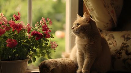 A Stunning British Shorthair Cat Sitting Elegantly on a Plush Armchair Gazing Out at a Picturesque Garden