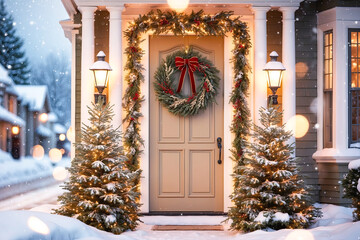 A cozy winter entrance adorned with festive decorations and snow in a charming neighborhood during the holiday season