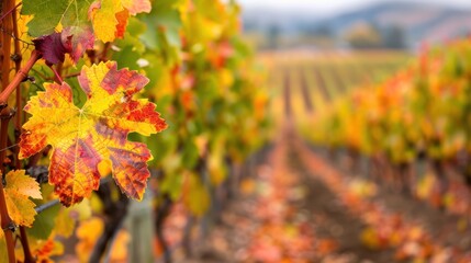 Vibrant autumn leaves in a vineyard, showcasing rich hues of yellow and purple against blurred rows of grapevines.